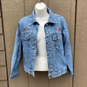 Y2K faded glory women’s size small denim jean jacket with flowers embroidered